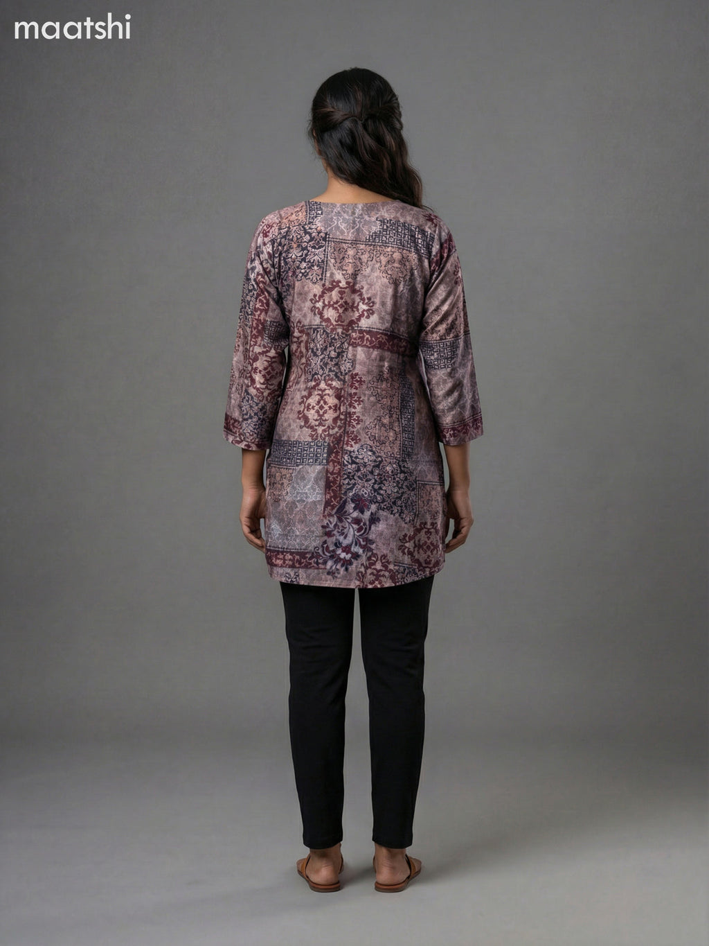 Beige and Black Maroon Modal Printed Short Kurti