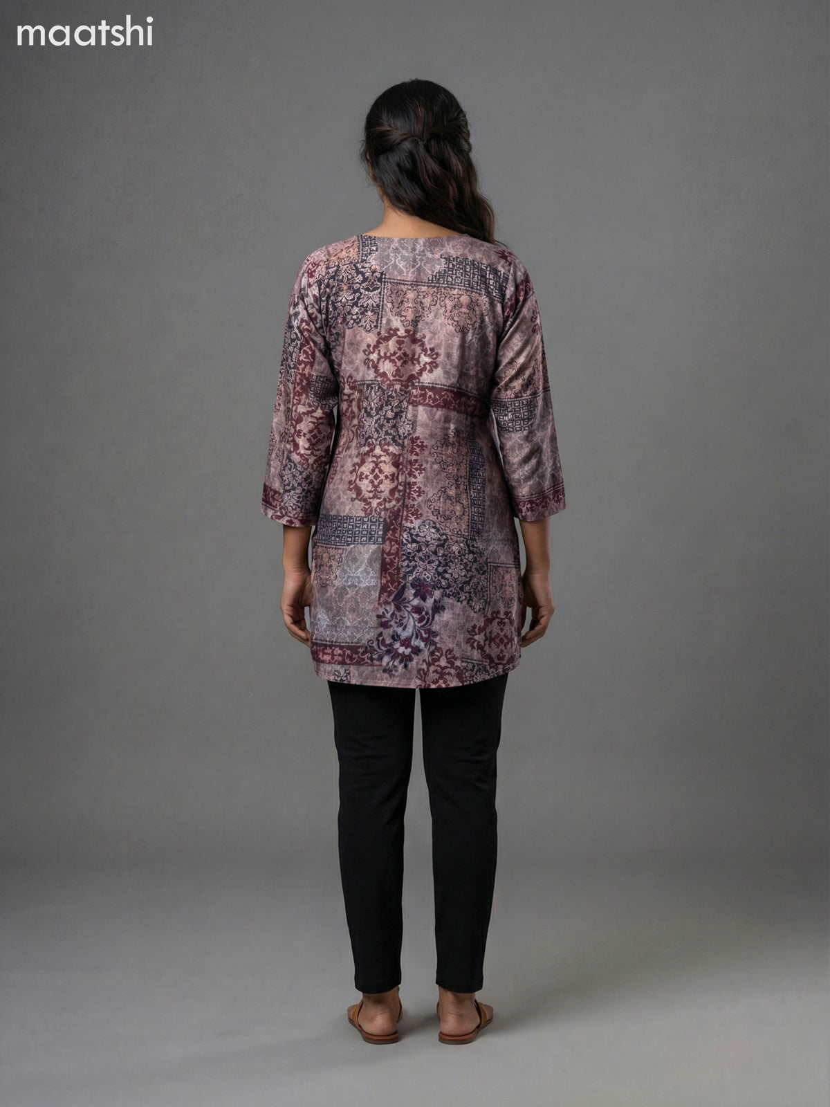 Beige and Black Maroon Modal Printed Short Kurti