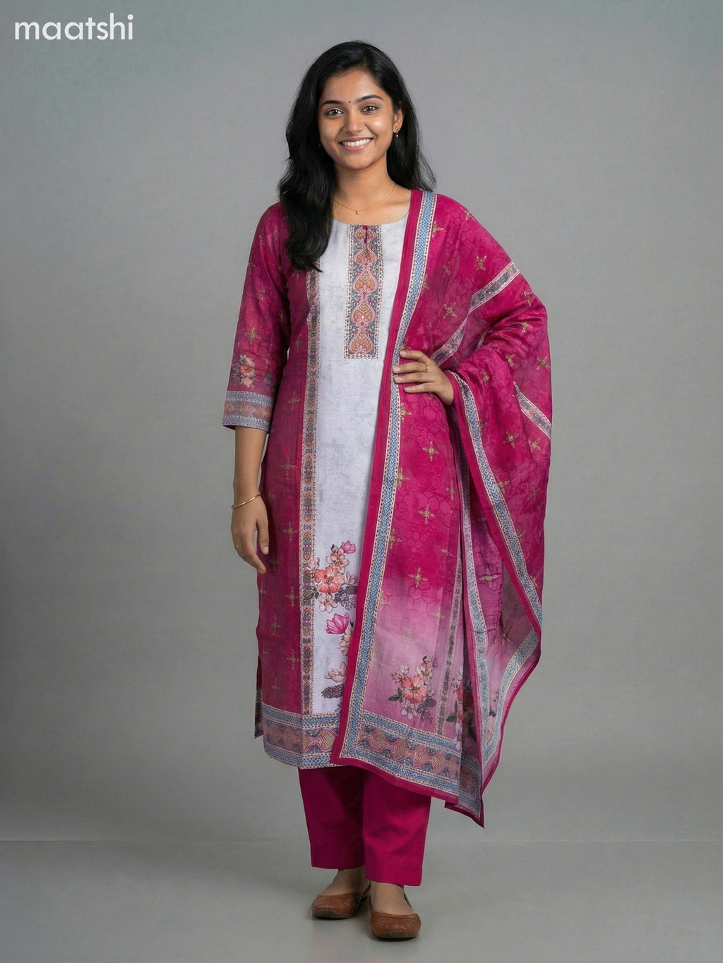 Pink and Grey Modal Floral Printed Straight Suit