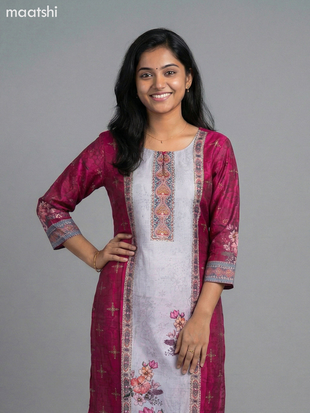 Pink and Grey Modal Floral Printed Straight Suit