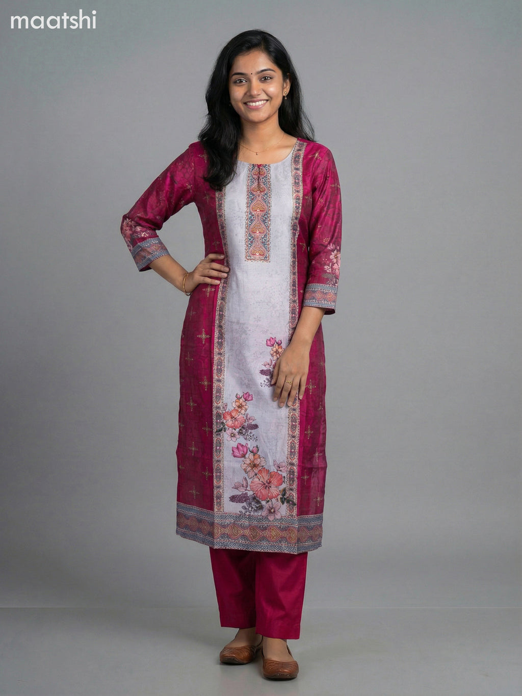 Pink and Grey Modal Floral Printed Straight Suit