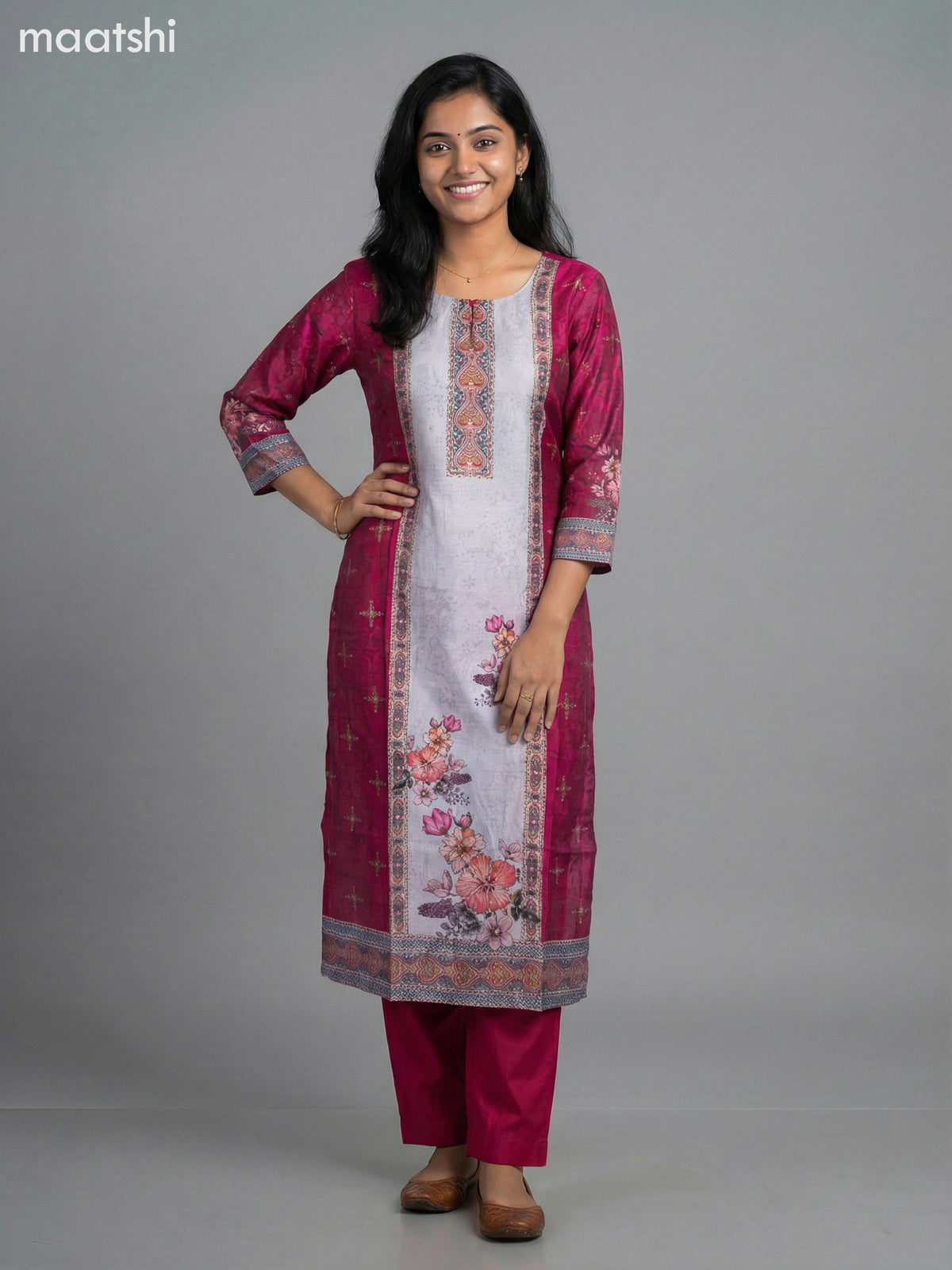 Pink and Grey Modal Floral Printed Straight Suit