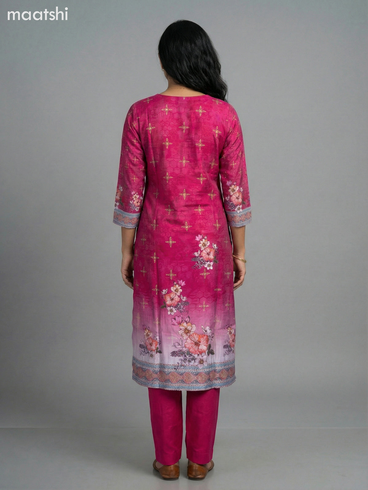 Pink and Grey Modal Floral Printed Straight Suit