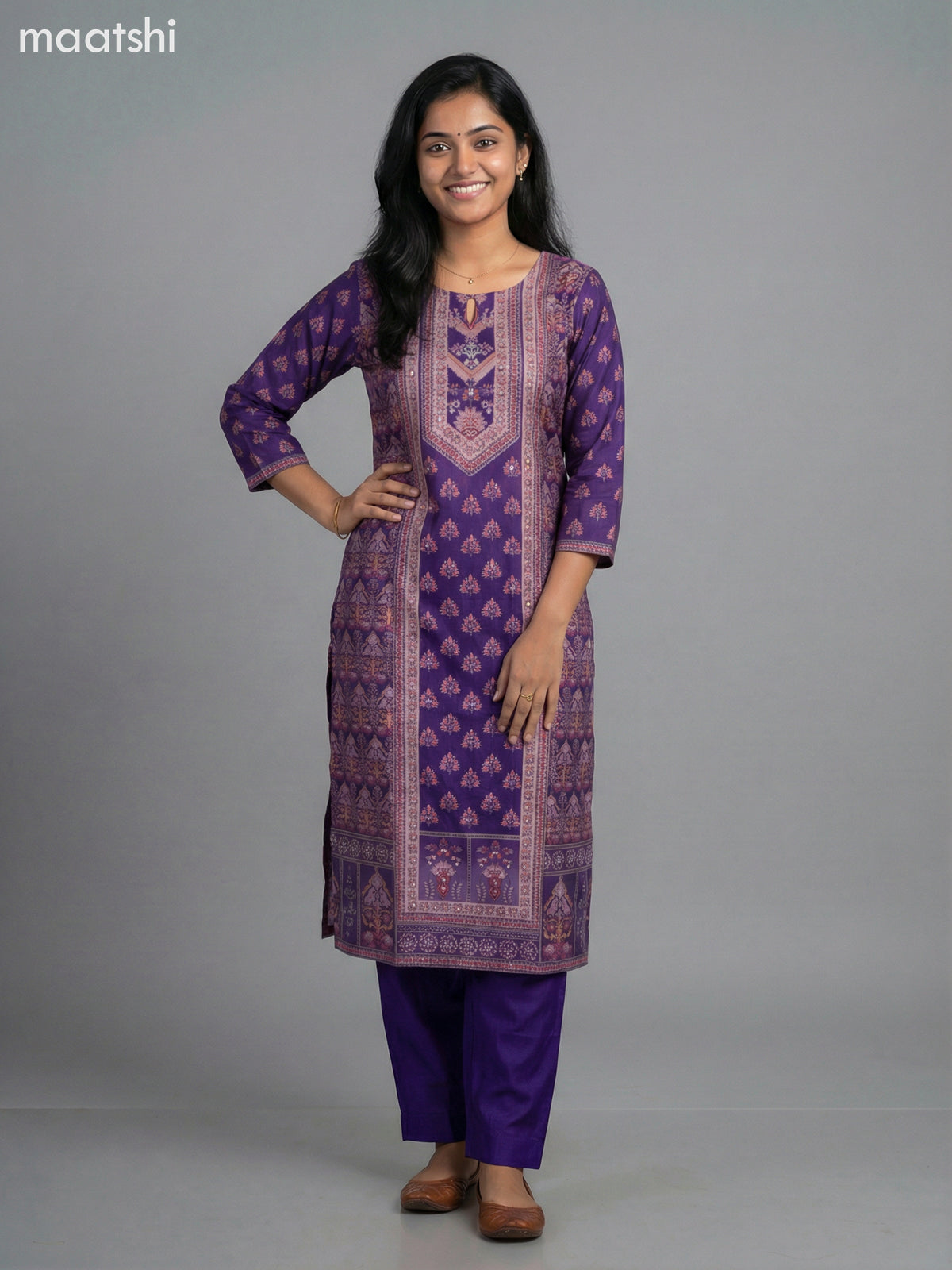 Purple Modal Printed Straight Suit