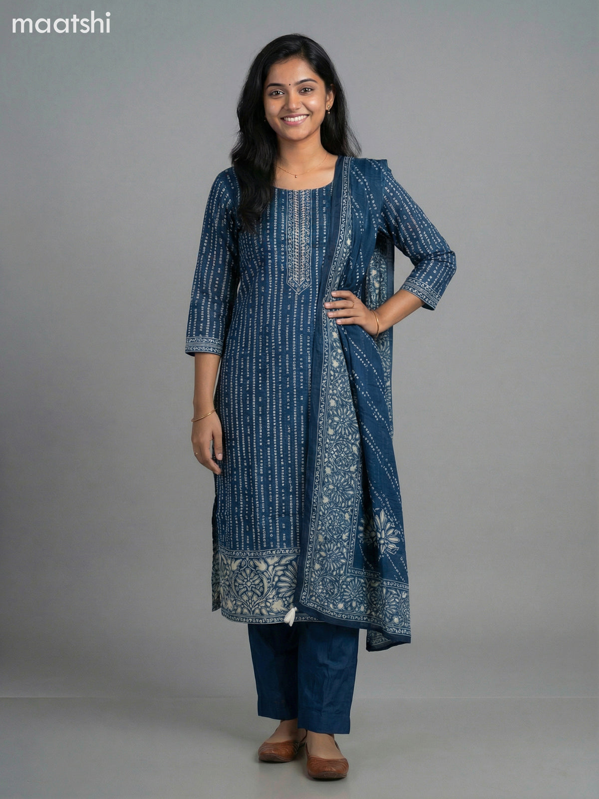 Peacock Blue Russian Silk Bandhani Printed Straight Suit