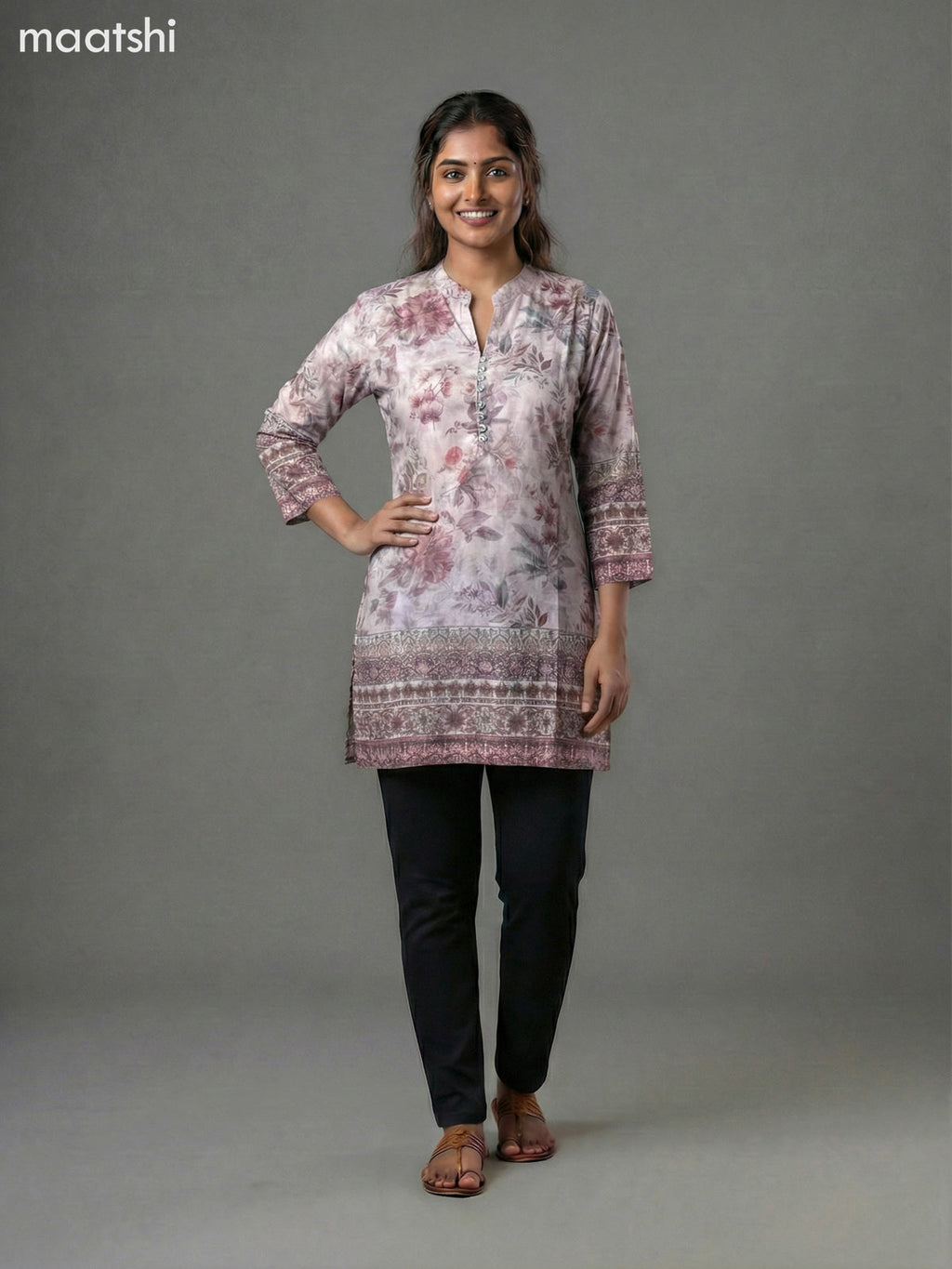 Beige Crepe Silk Floral Printed Short Kurti