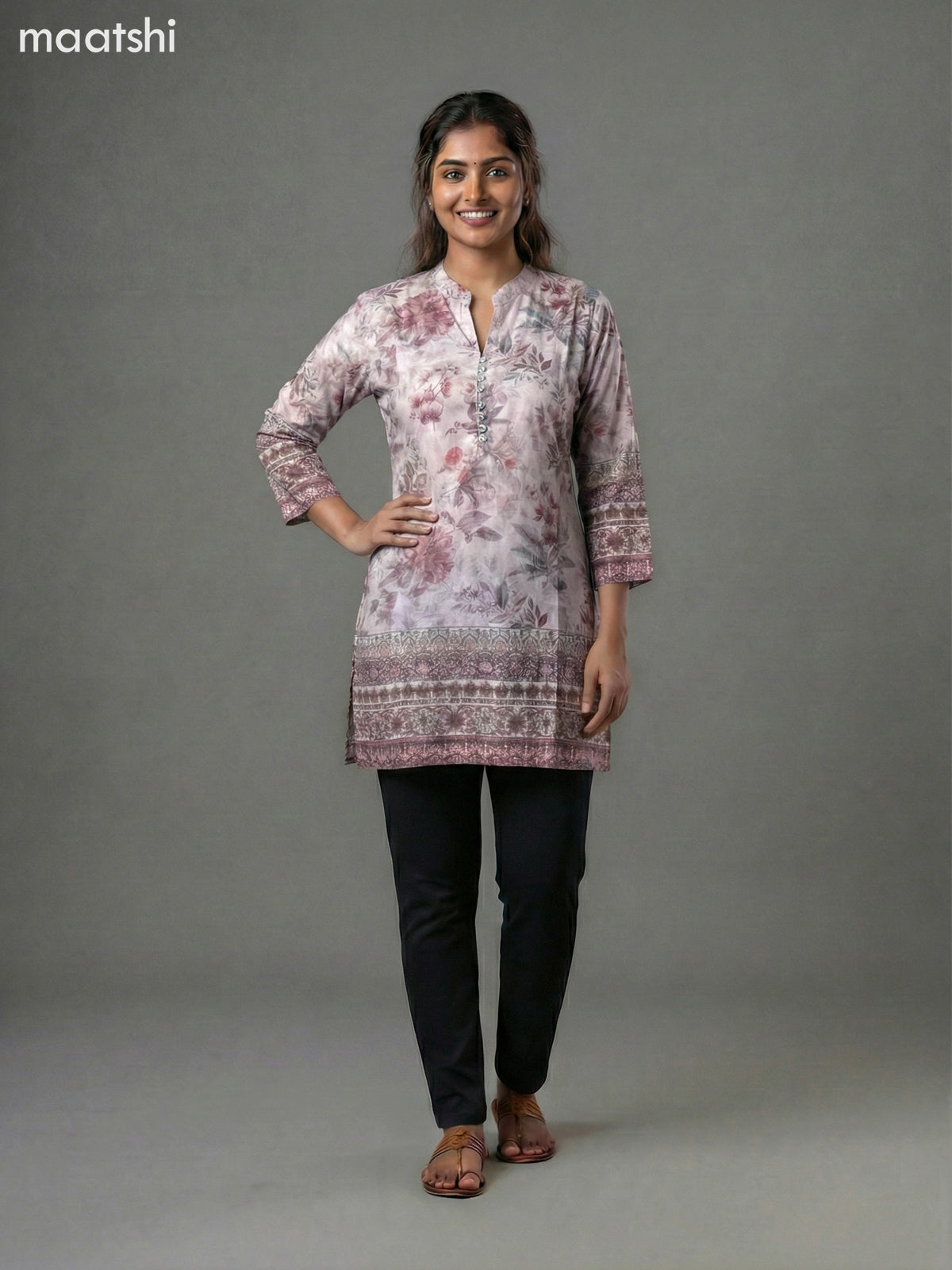 Beige Crepe Silk Floral Printed Short Kurti