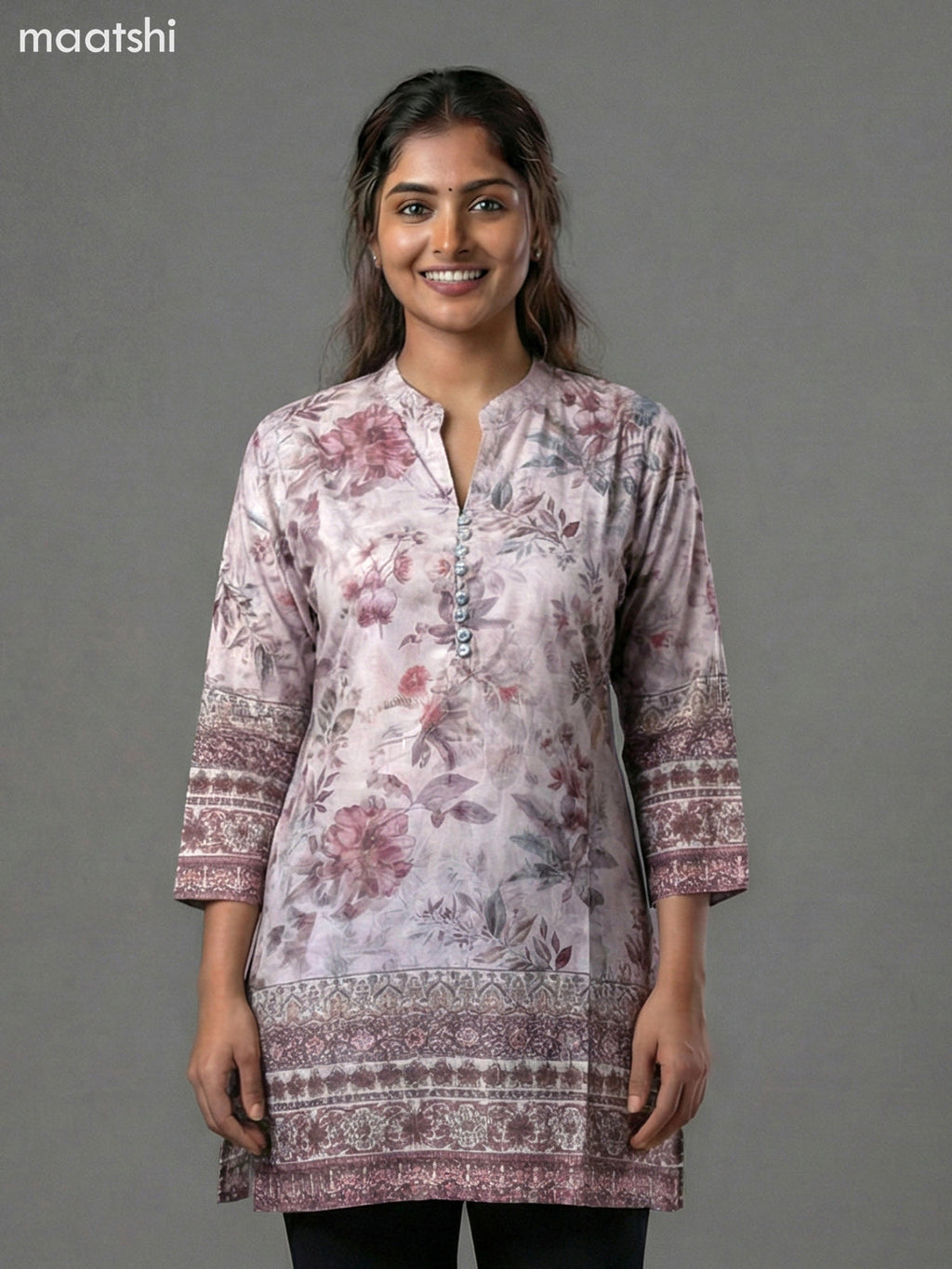 Beige Crepe Silk Floral Printed Short Kurti