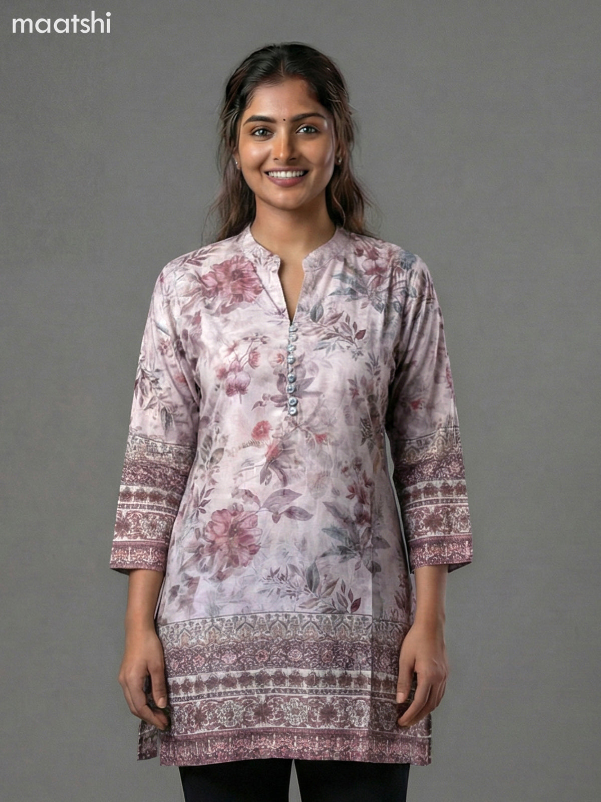Beige Crepe Silk Floral Printed Short Kurti