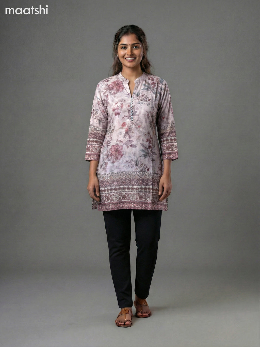 Beige Crepe Silk Floral Printed Short Kurti