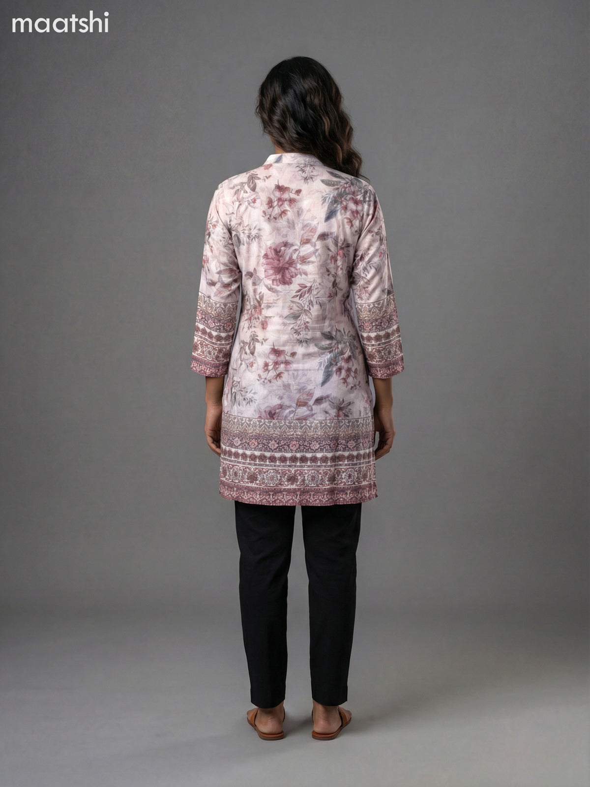 Beige Crepe Silk Floral Printed Short Kurti