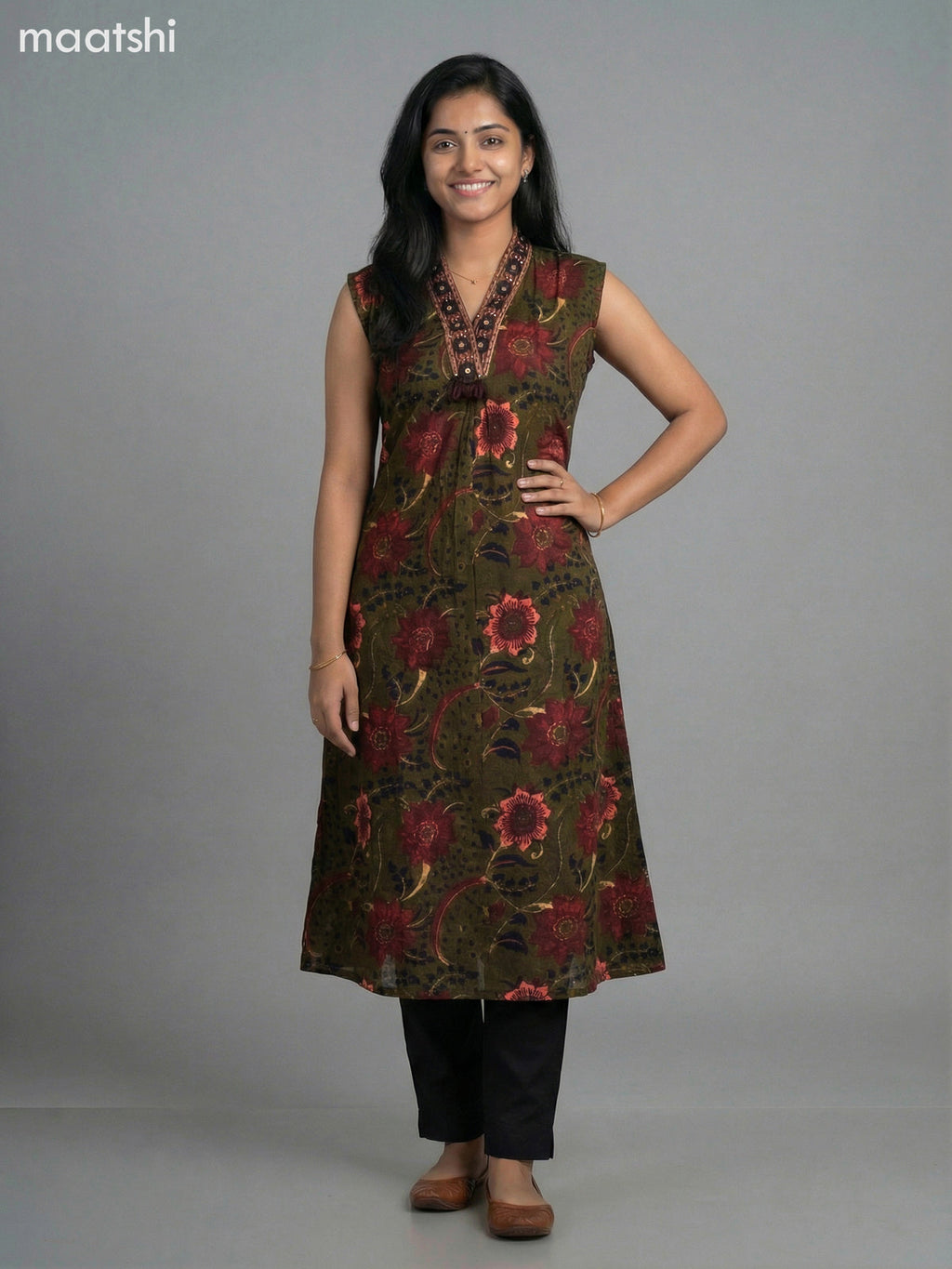 Dark Mehendi Green Cotton Kalamkari A-Line Kurti
