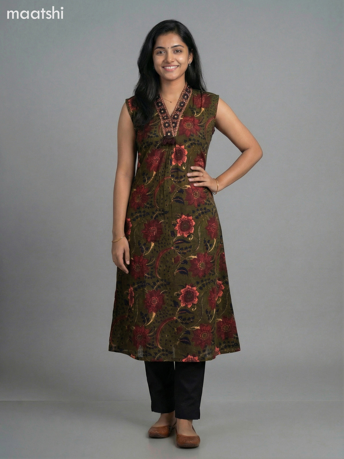 Dark Mehendi Green Cotton Kalamkari A-Line Kurti
