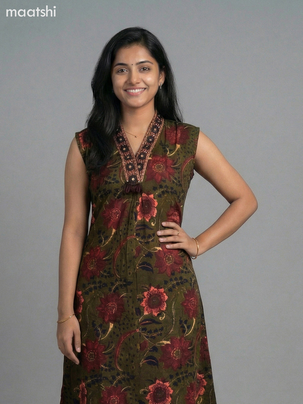 Dark Mehendi Green Cotton Kalamkari A-Line Kurti