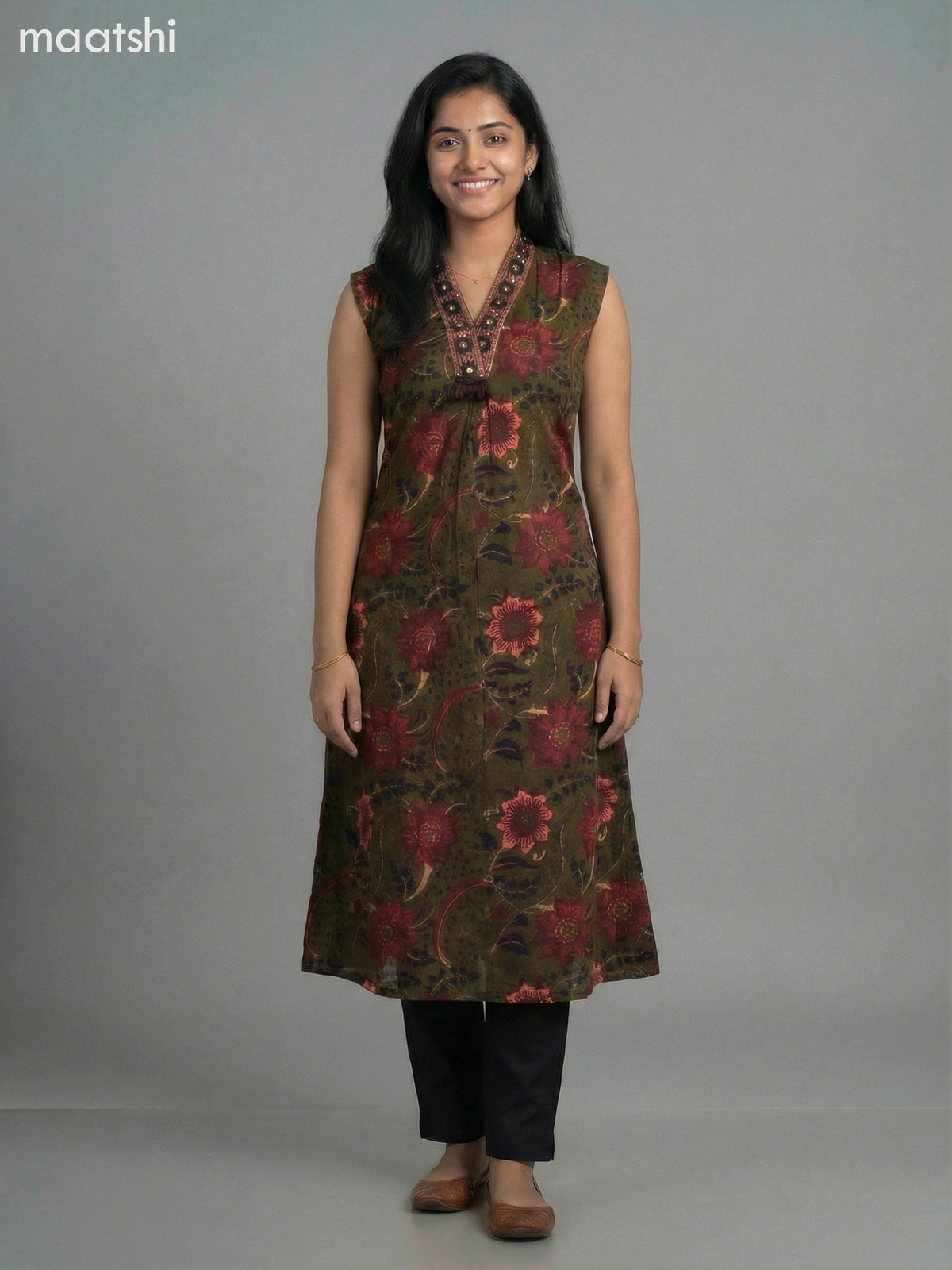 Dark Mehendi Green Cotton Kalamkari A-Line Kurti