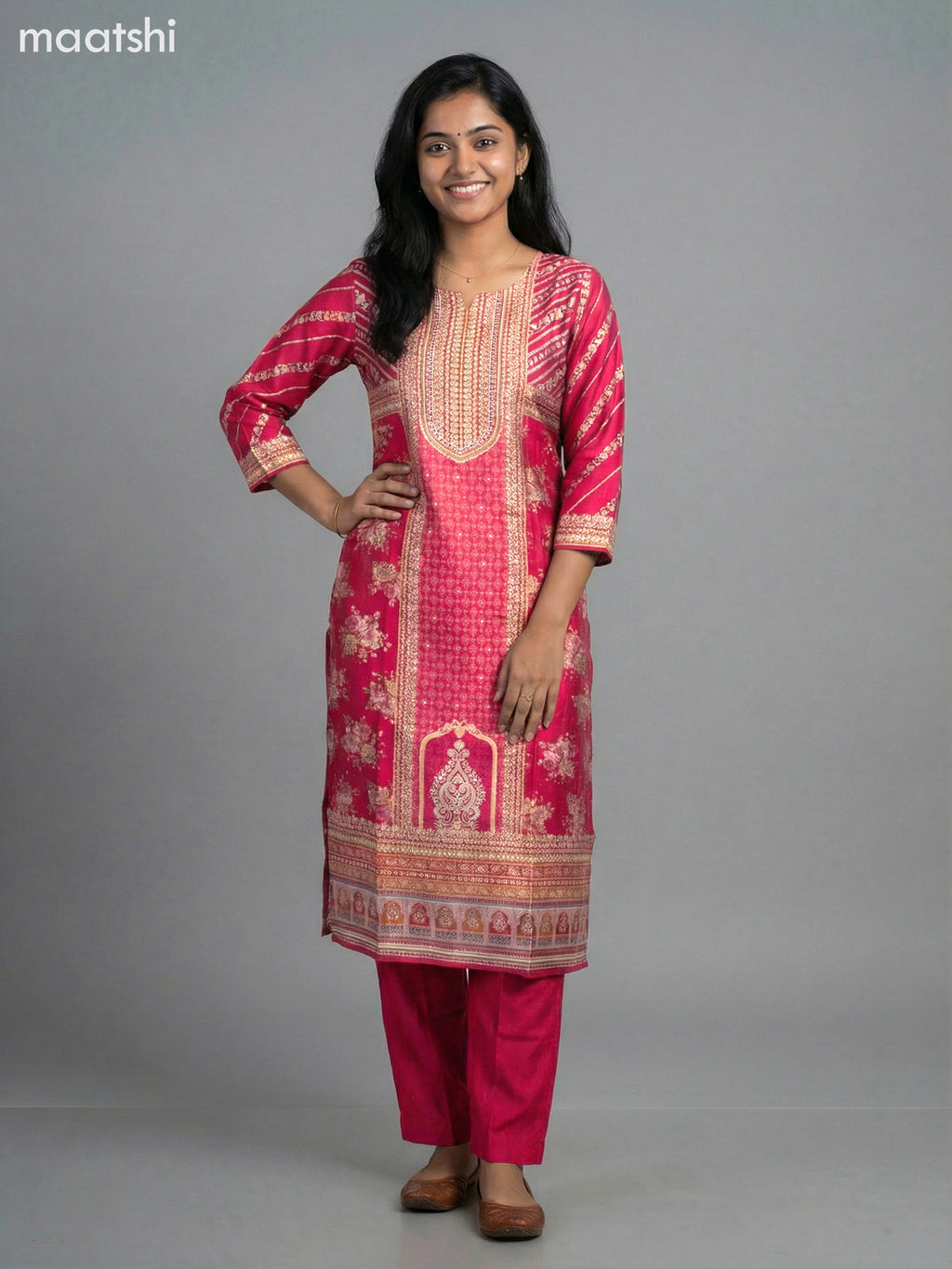 Pink Modal Printed Straight Suit