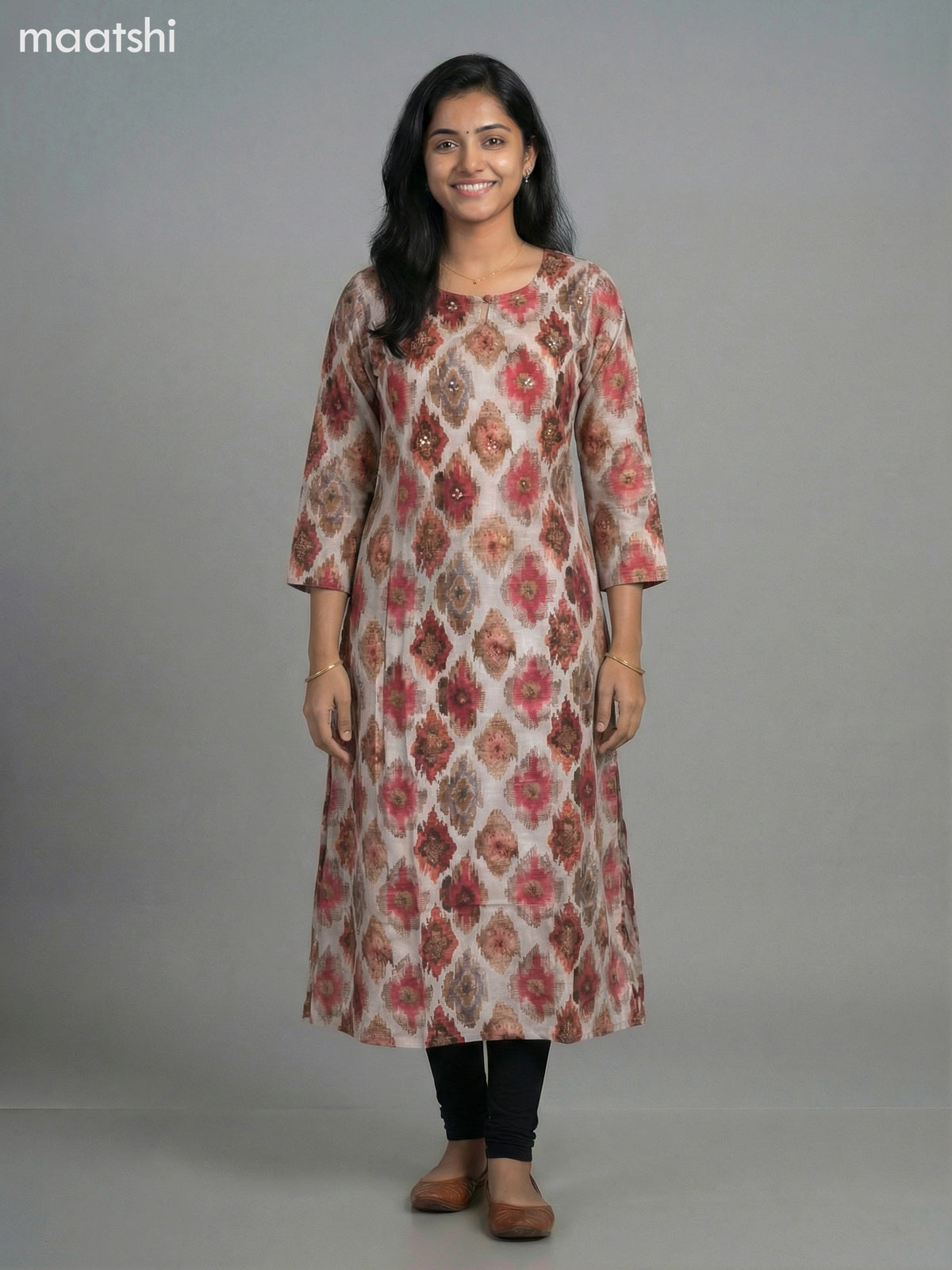Beige Muslin Kalamkari Printed A-Line Kurti