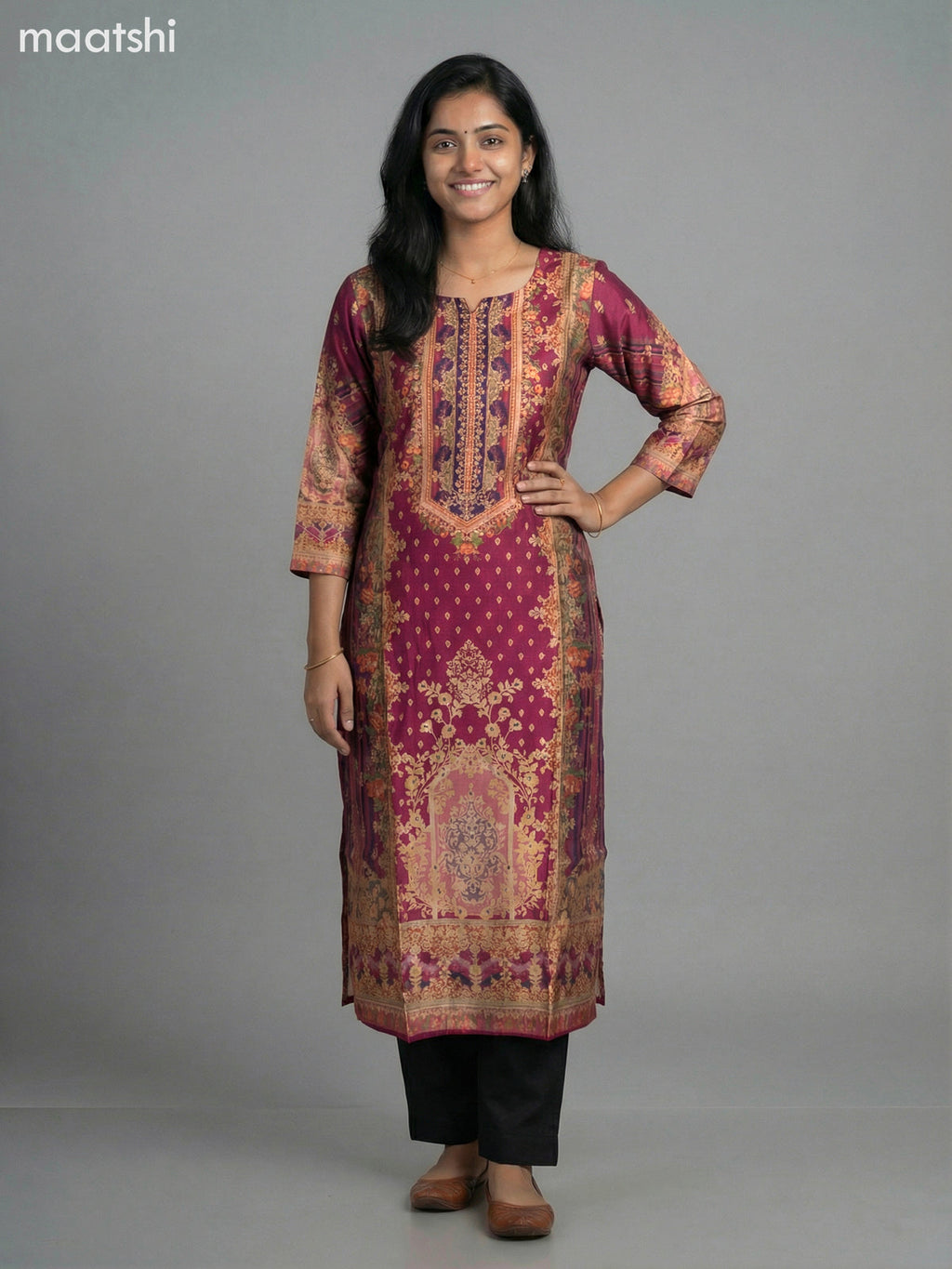 Dark Magenta Pink Modal Floral Printed Straight Kurti