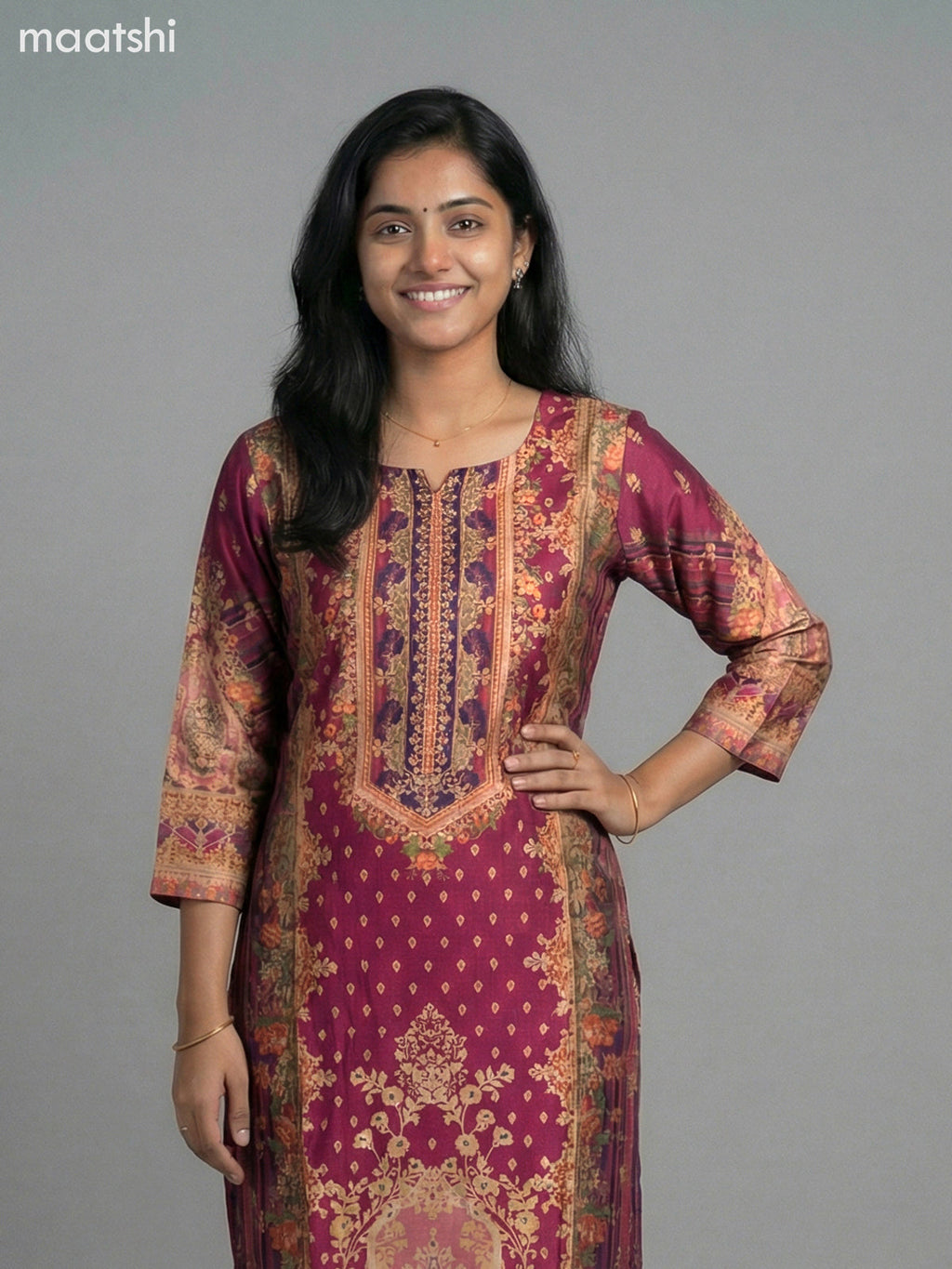 Dark Magenta Pink Modal Floral Printed Straight Kurti