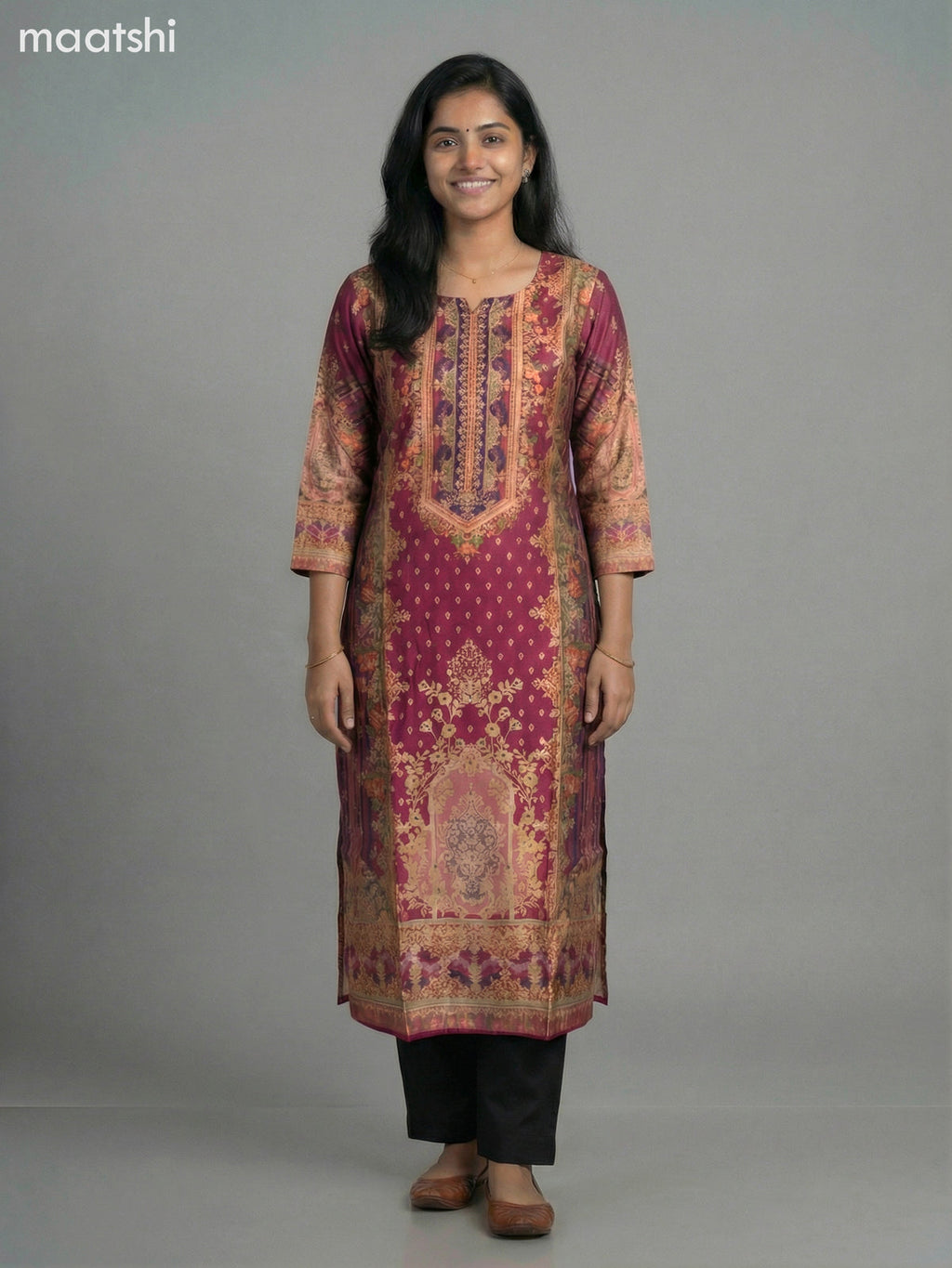 Dark Magenta Pink Modal Floral Printed Straight Kurti