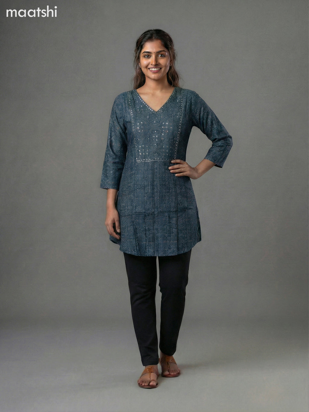 Peacock Blue Modal Ajrakh Printed Short Kurti