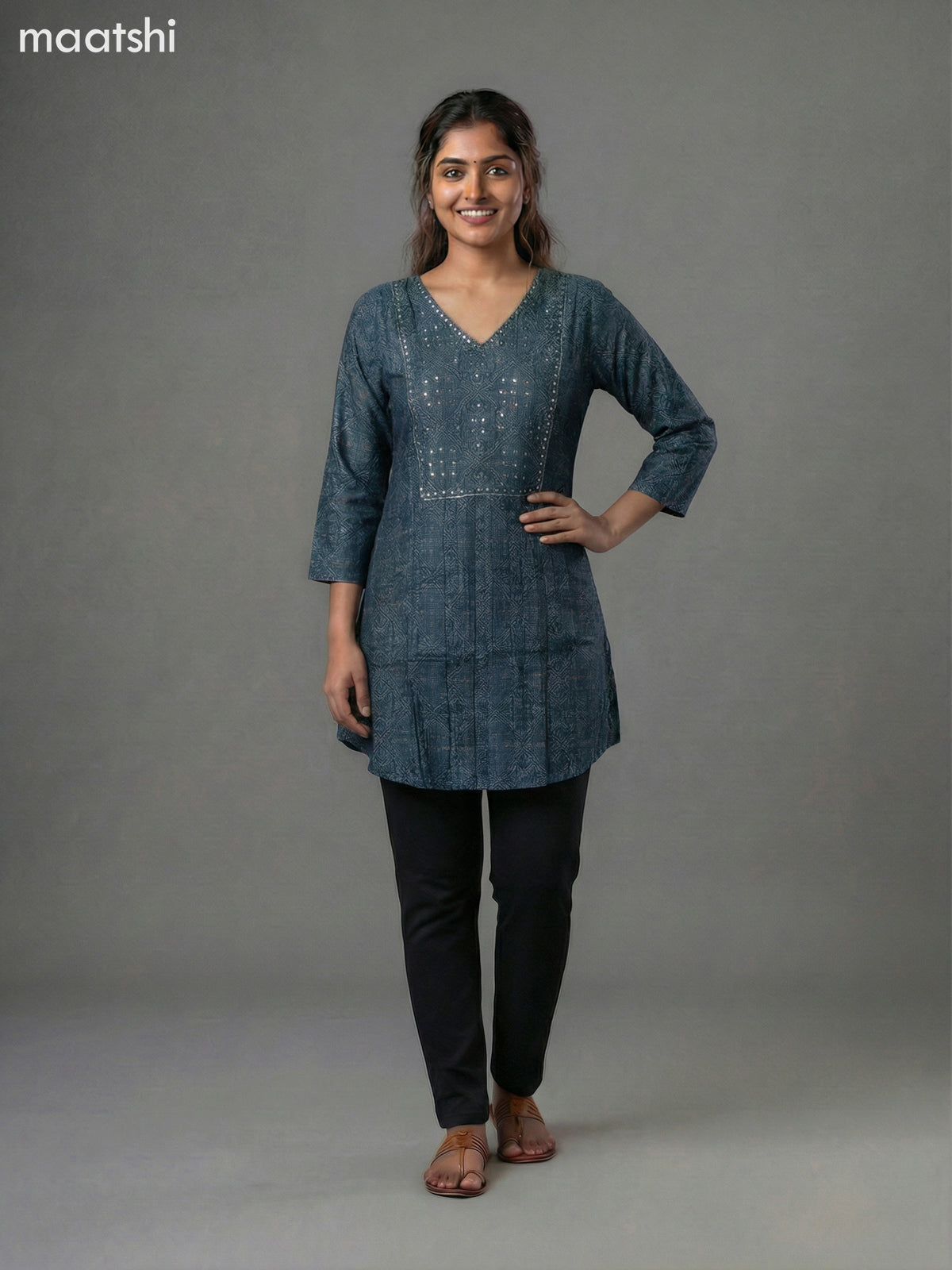 Peacock Blue Modal Ajrakh Printed Short Kurti