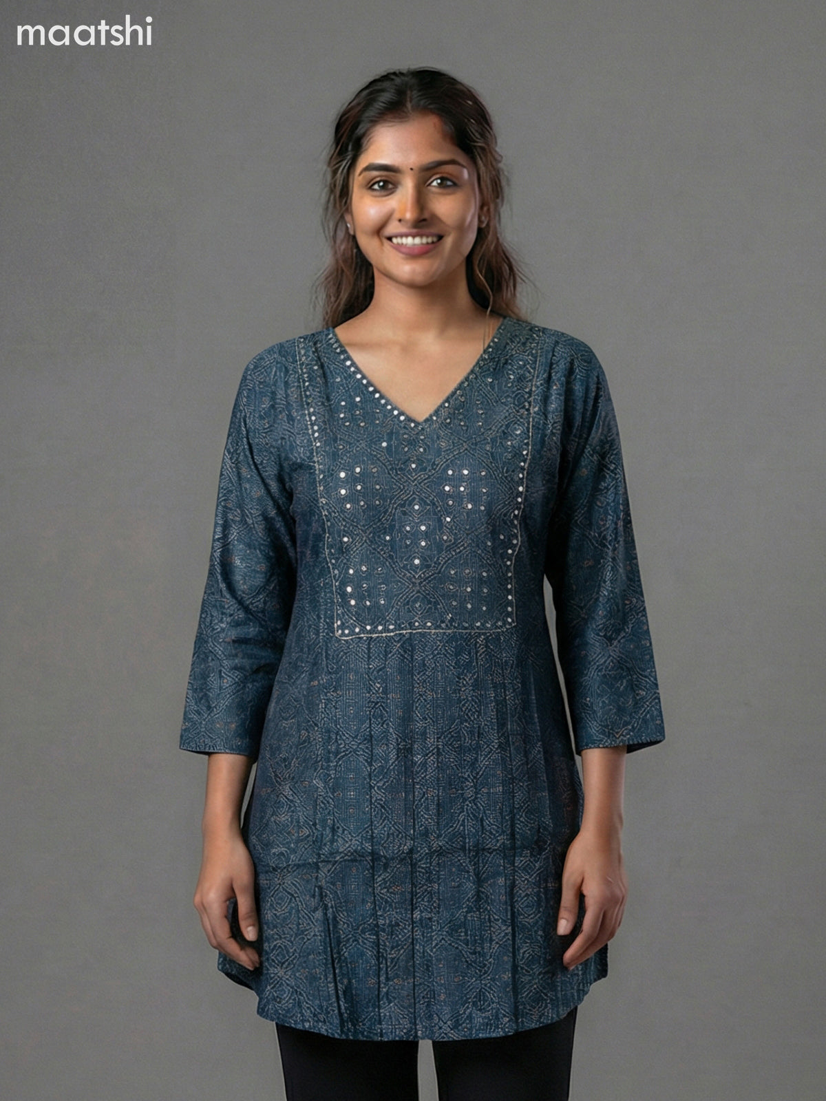 Peacock Blue Modal Ajrakh Printed Short Kurti