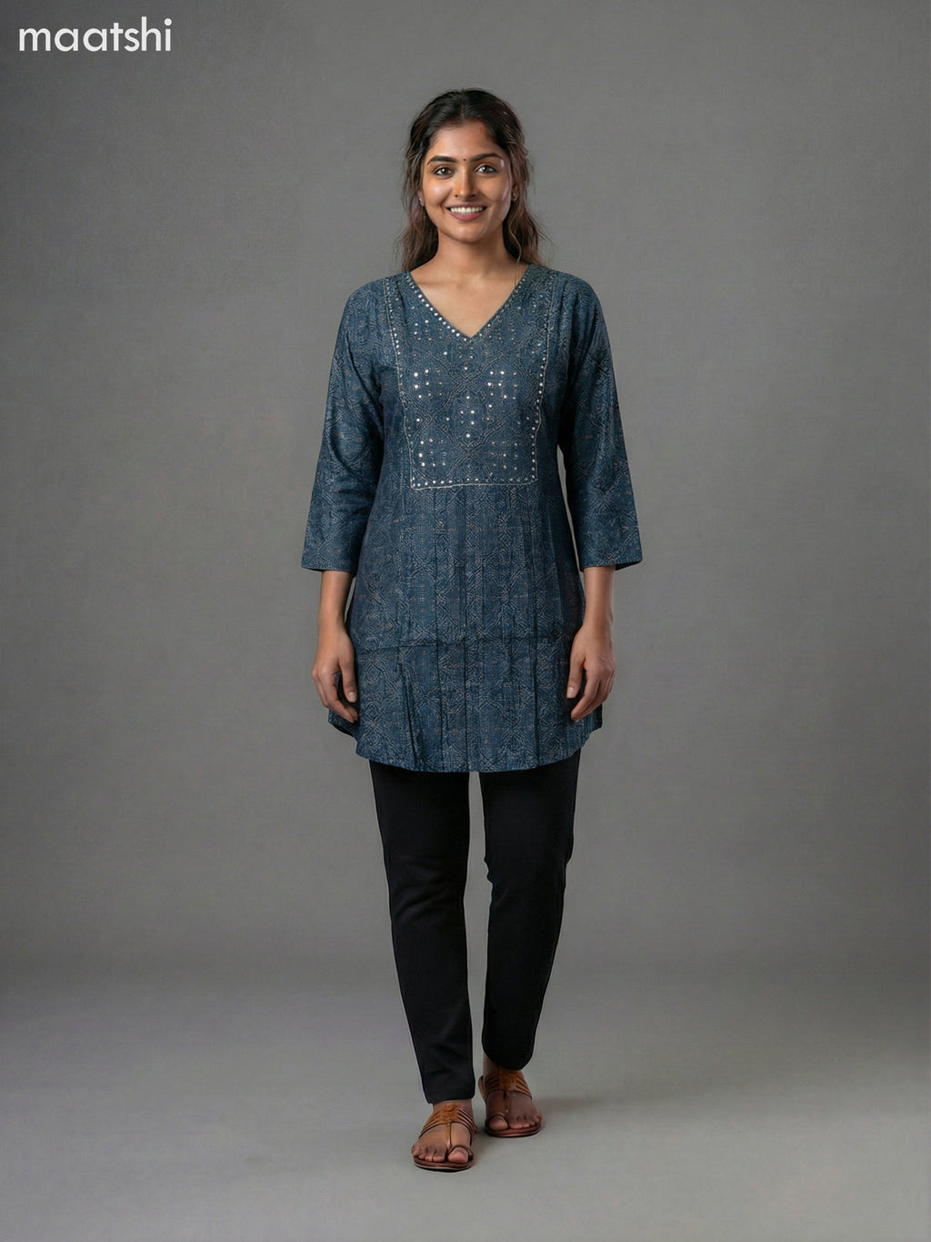 Peacock Blue Modal Ajrakh Printed Short Kurti