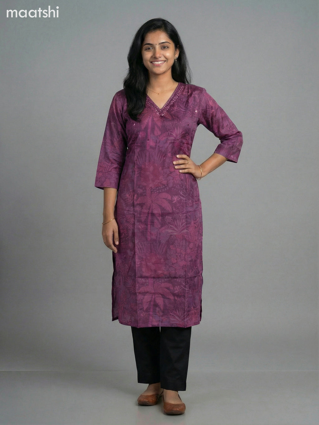 Magenta Pink Muslin Printed Straight Kurti