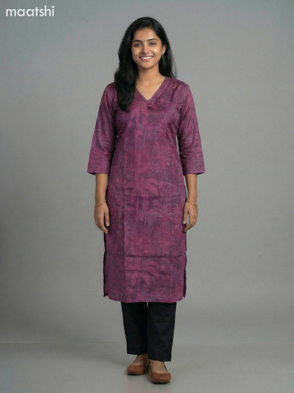 Magenta Pink Muslin Printed Straight Kurti