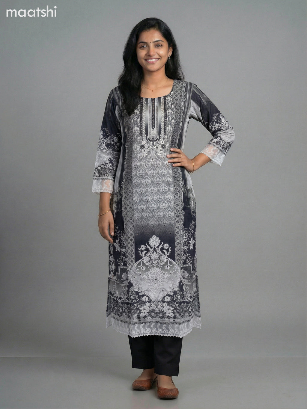 Grey and Black Modal Floral Printed Straight Kurti