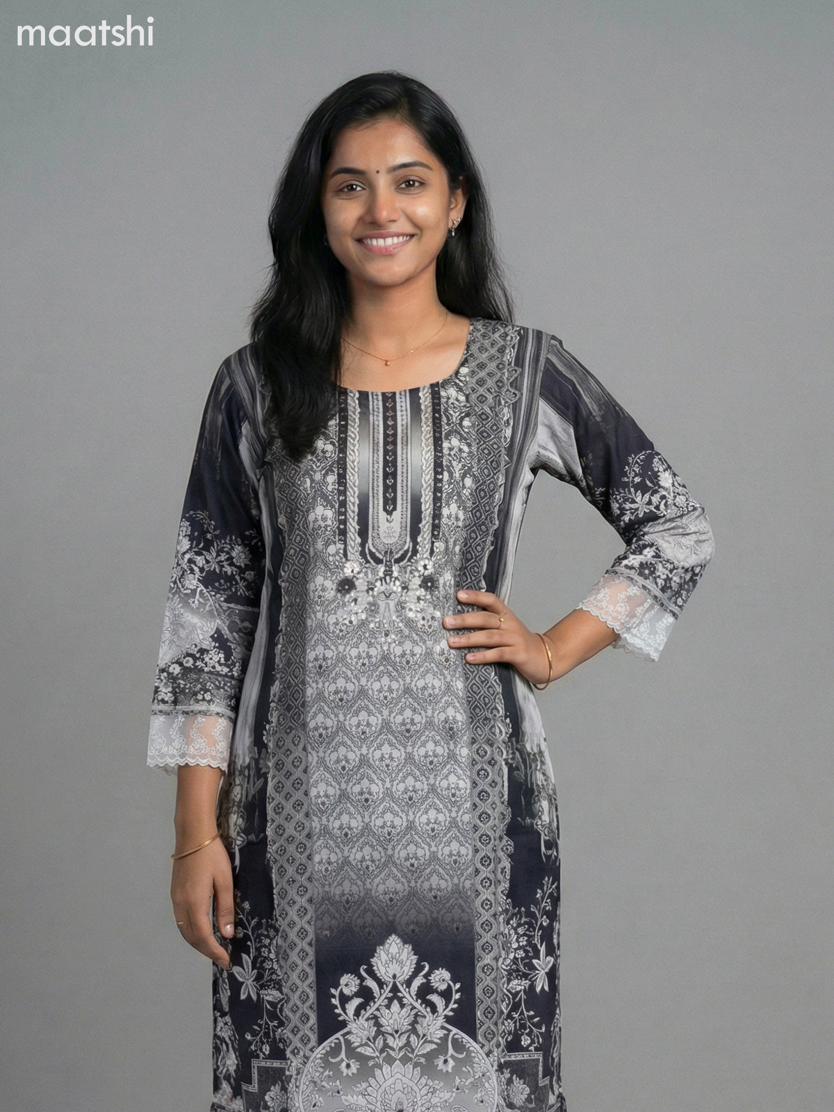 Grey and Black Modal Floral Printed Straight Kurti