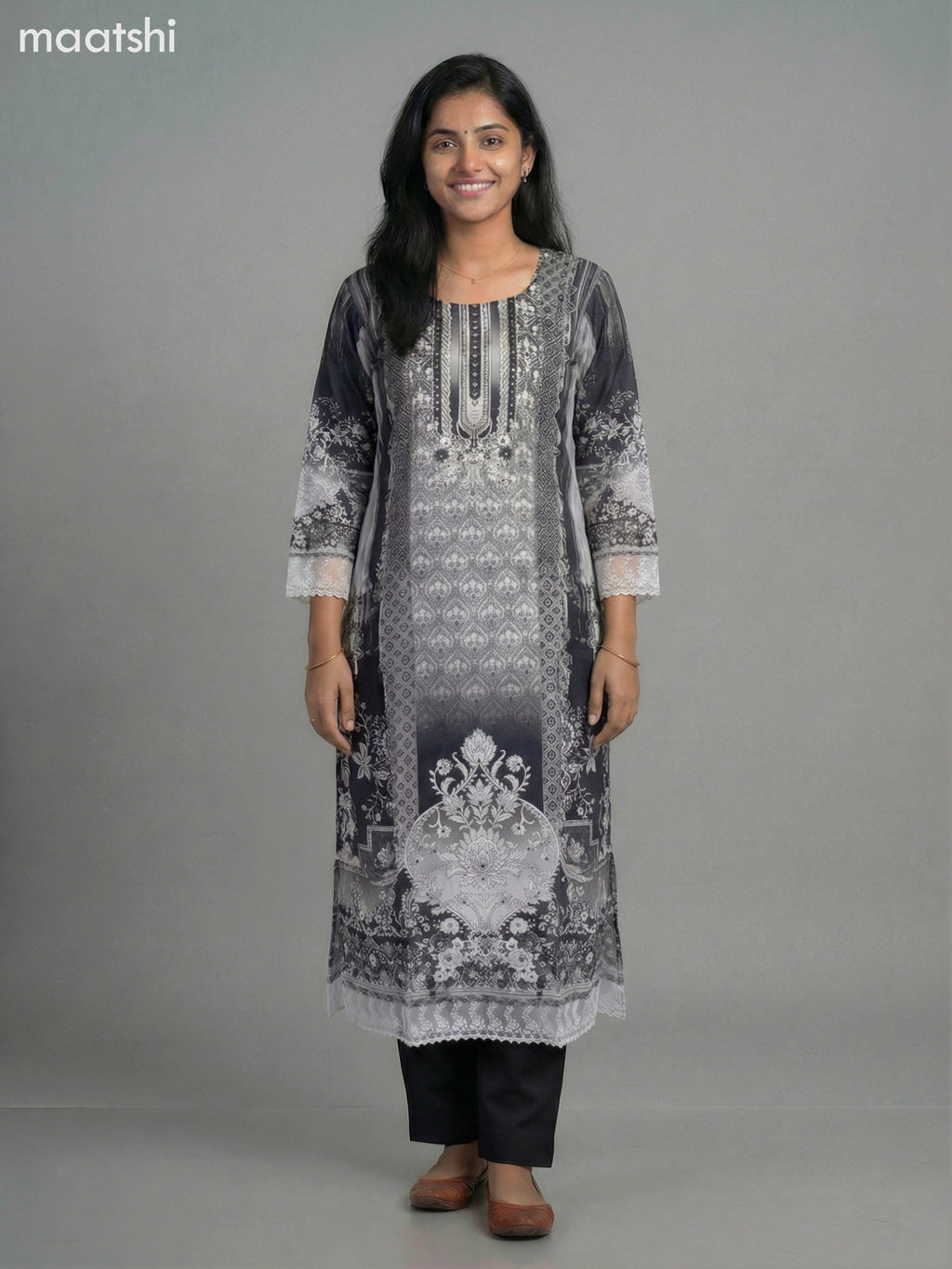 Grey and Black Modal Floral Printed Straight Kurti
