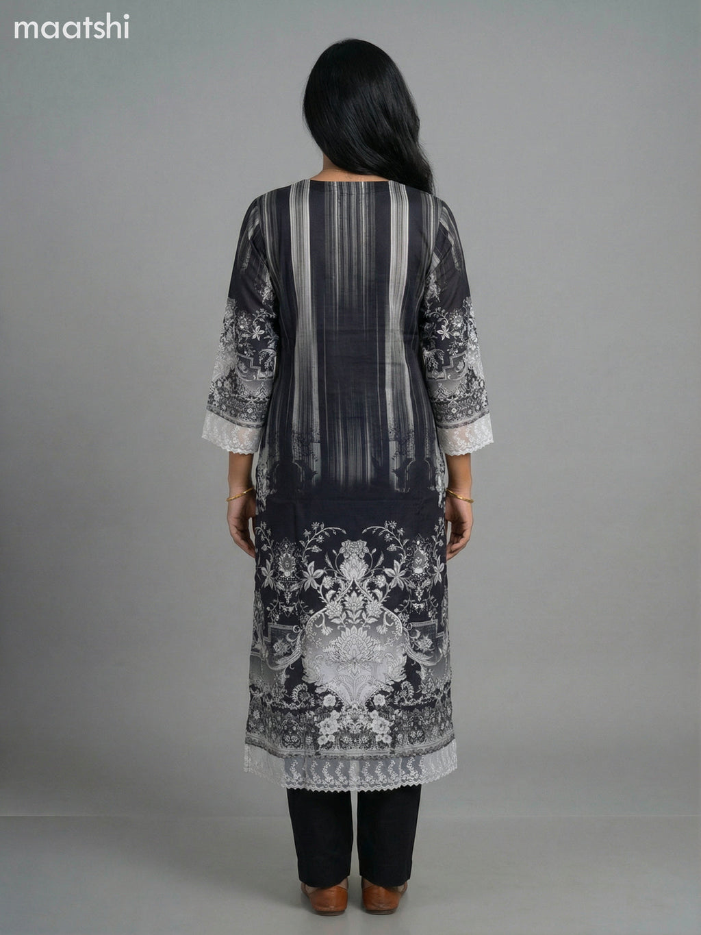 Grey and Black Modal Floral Printed Straight Kurti