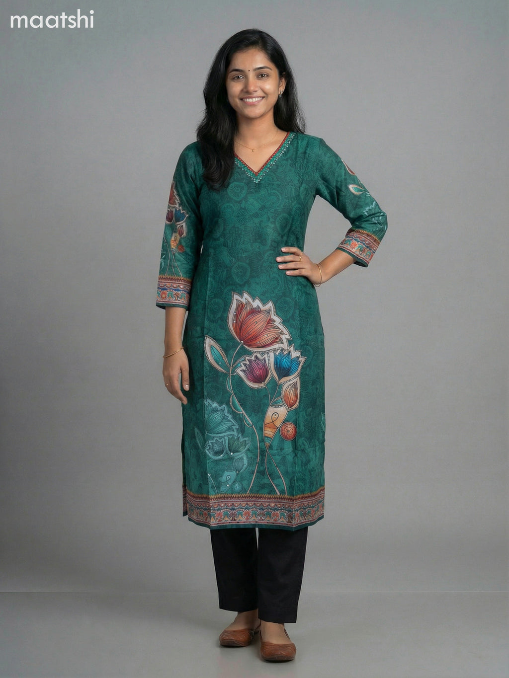 Green Muslin Printed Straight Kurti