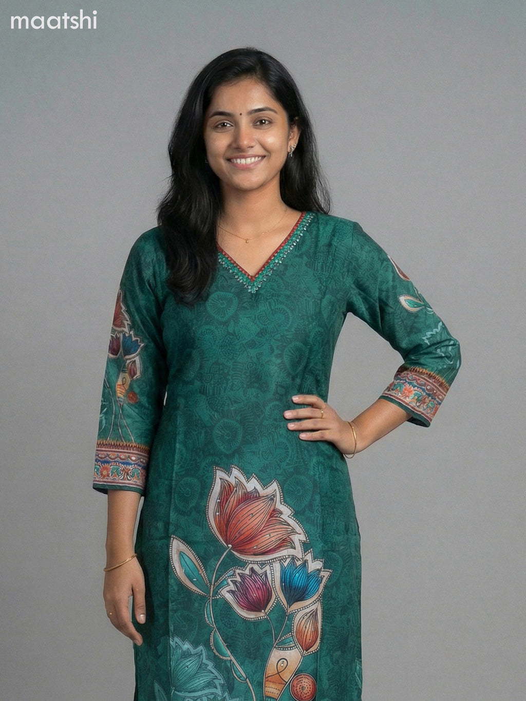 Green Muslin Printed Straight Kurti
