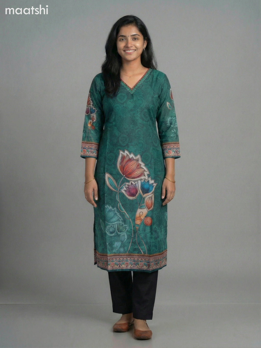 Green Muslin Printed Straight Kurti