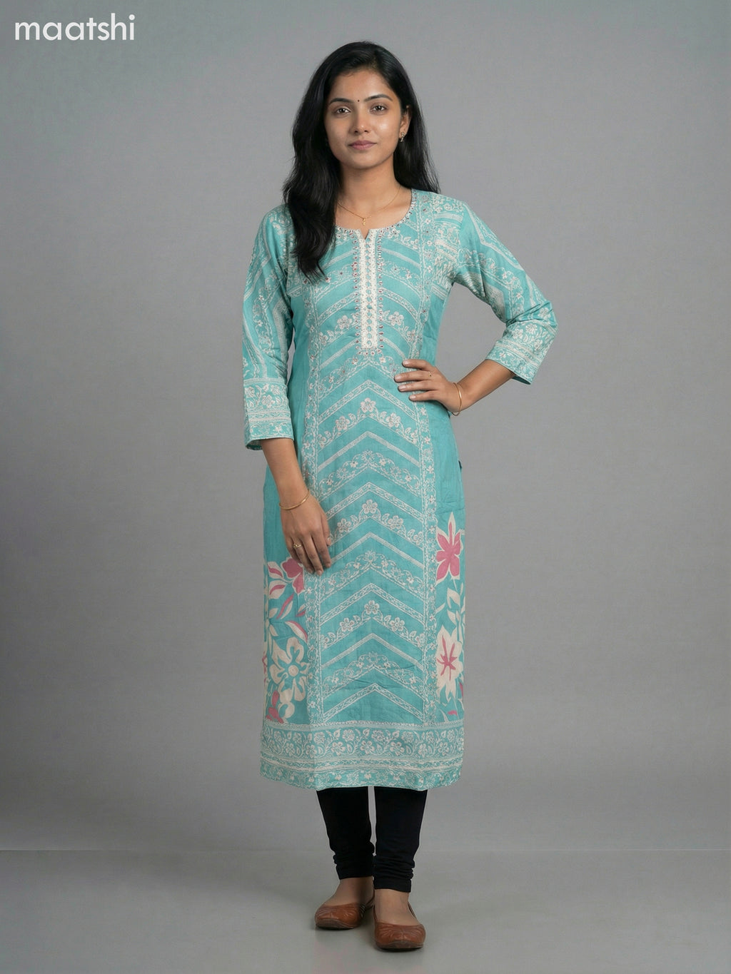 Teal Shade Muslin Printed Straight Kurti