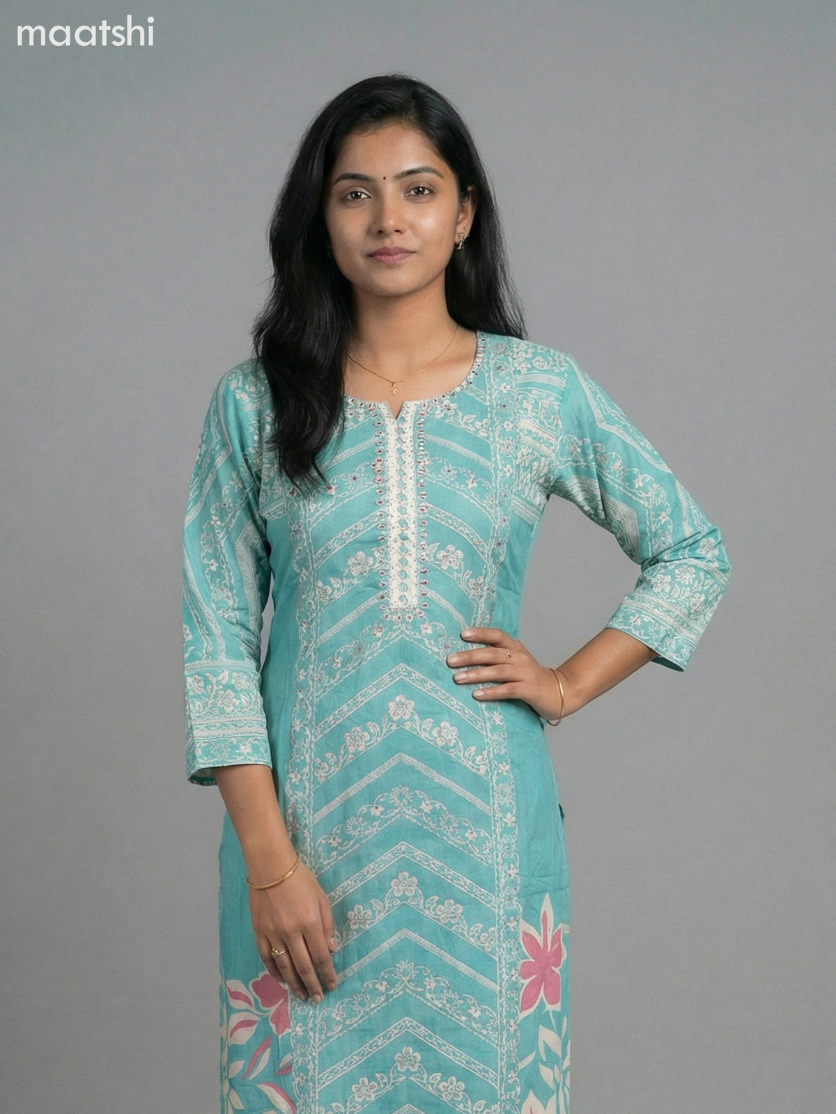 Teal Shade Muslin Printed Straight Kurti