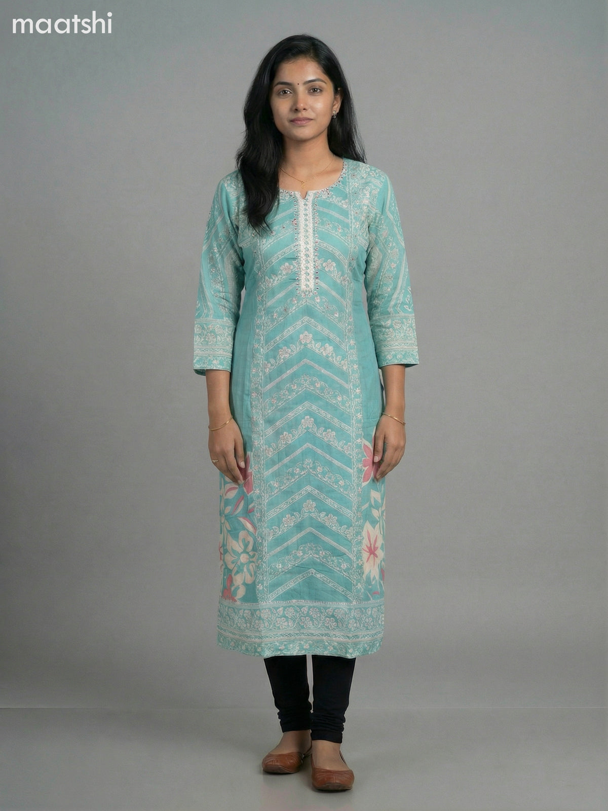 Teal Shade Muslin Printed Straight Kurti