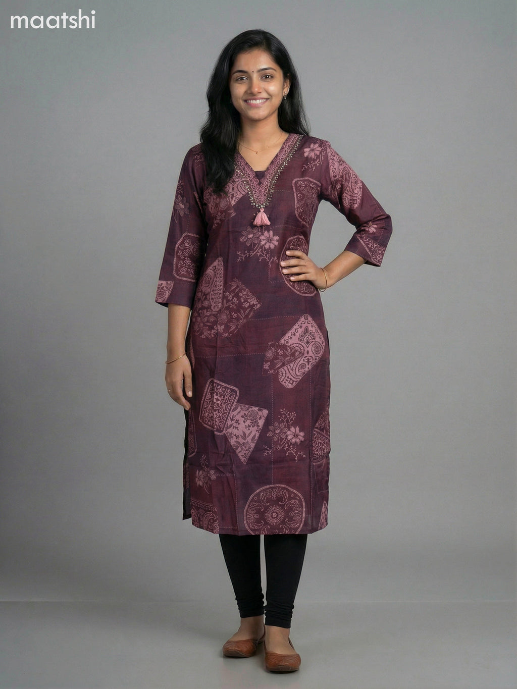 Dark Maroon Muslin Printed Straight Kurti