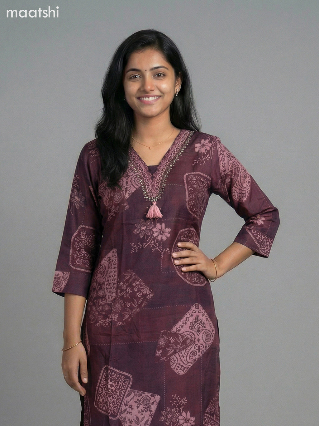 Dark Maroon Muslin Printed Straight Kurti