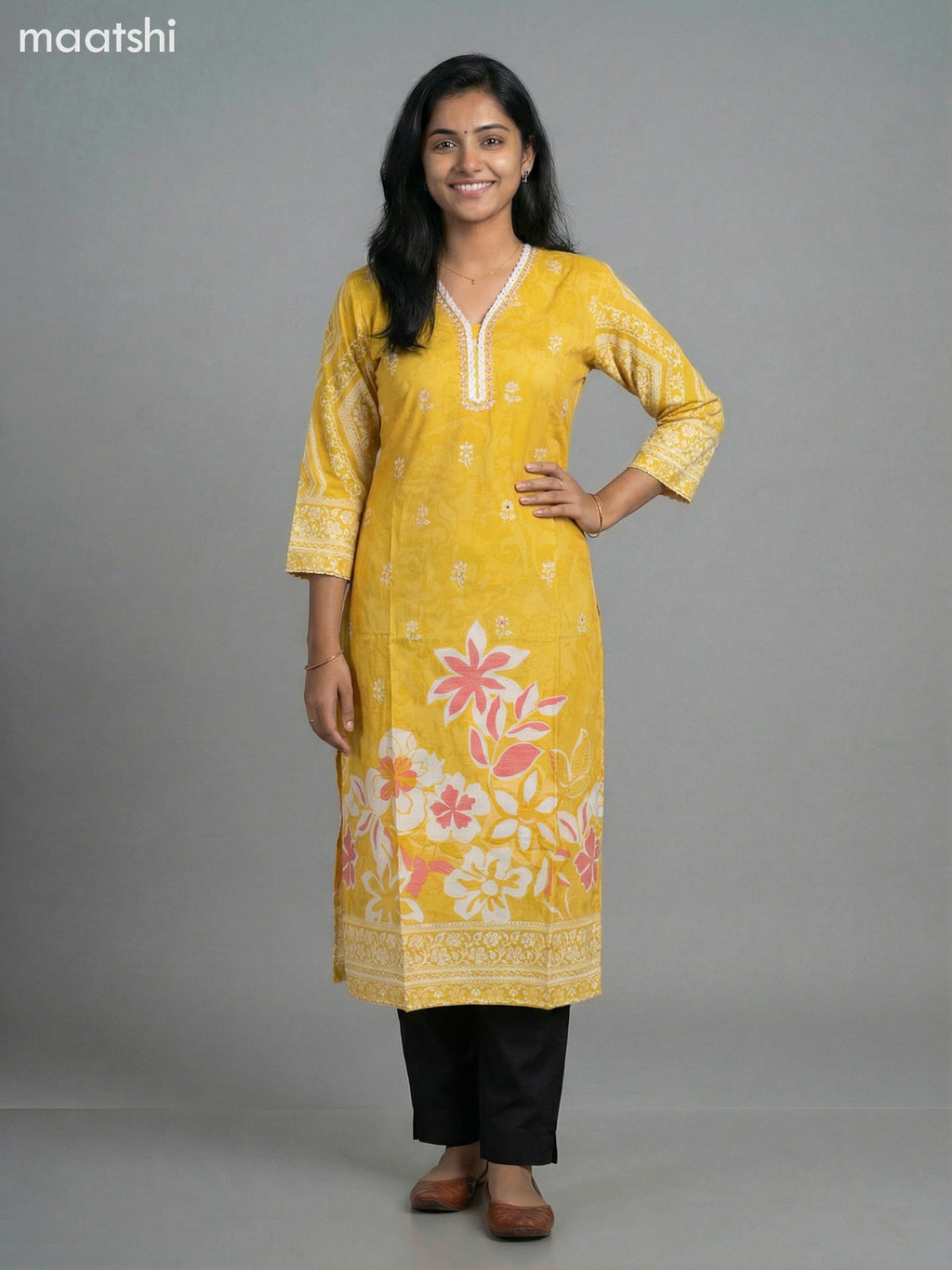 Mustard Yellow Muslin Printed Straight Kurti