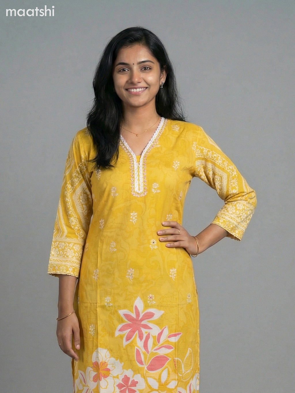 Mustard Yellow Muslin Printed Straight Kurti