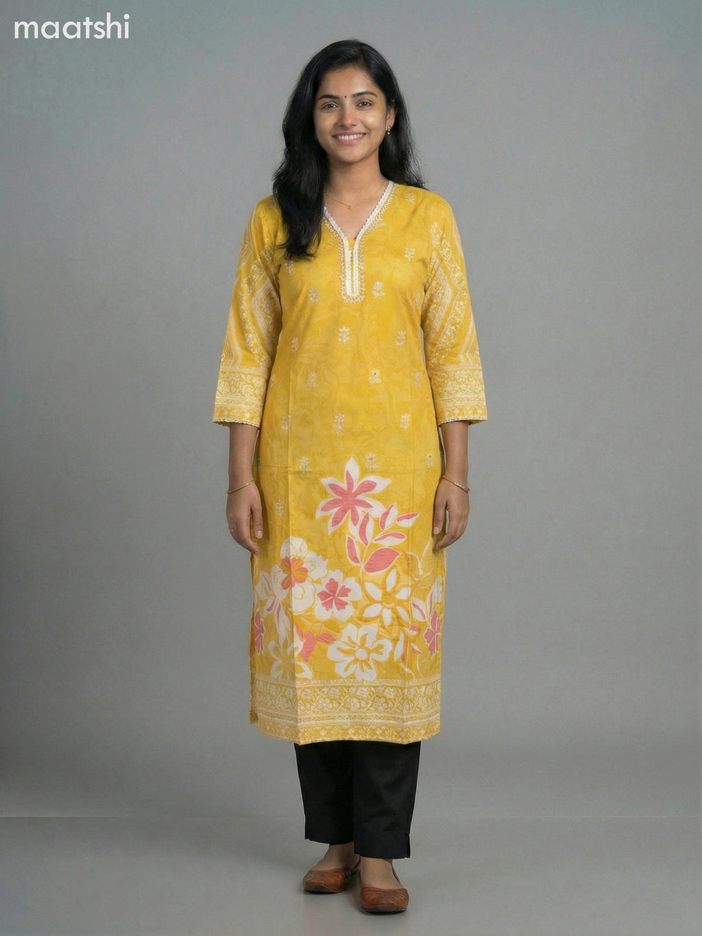 Mustard Yellow Muslin Printed Straight Kurti