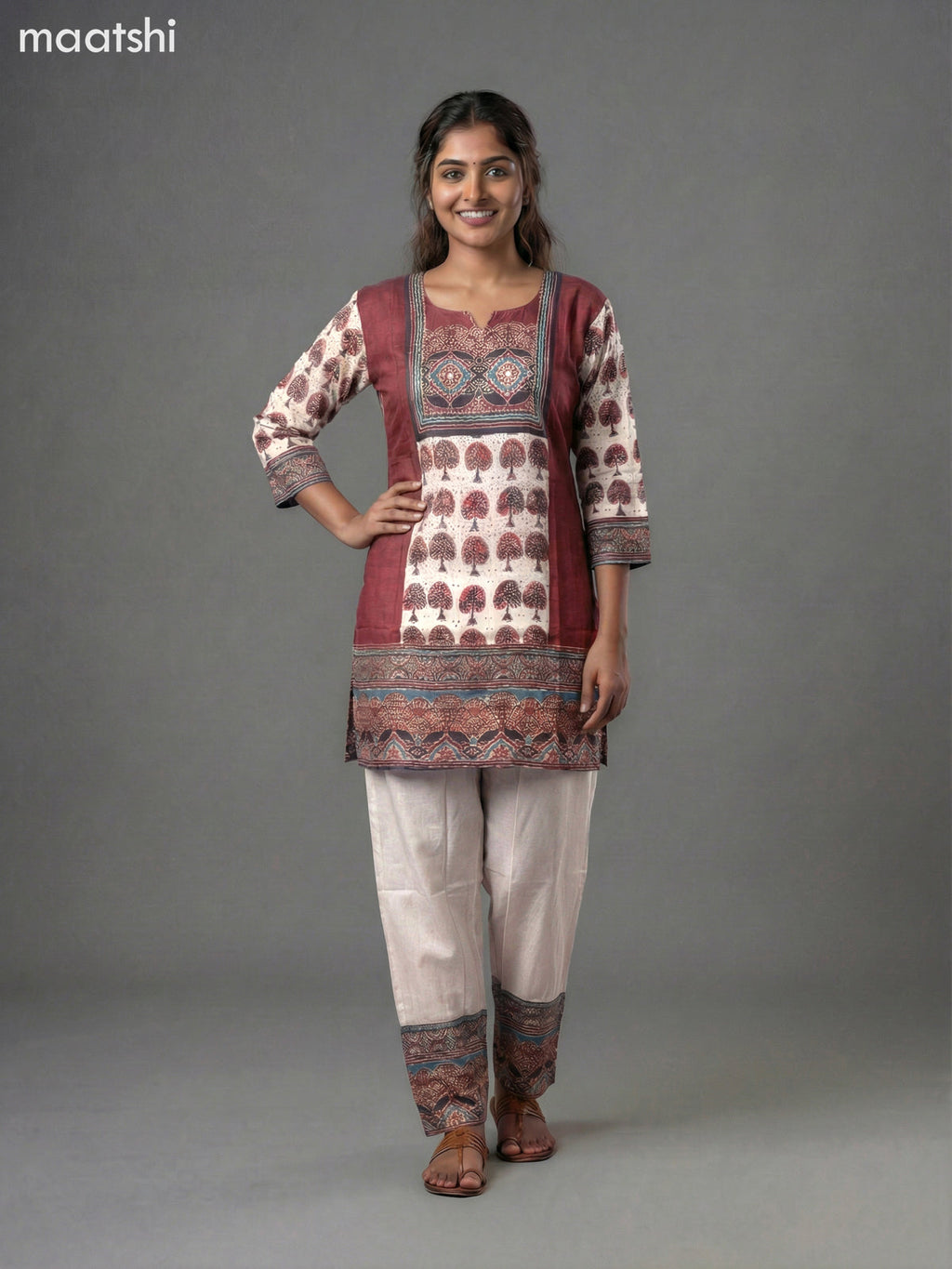 Beige and Maroon Modal Ajrakh Printed Kurti Set