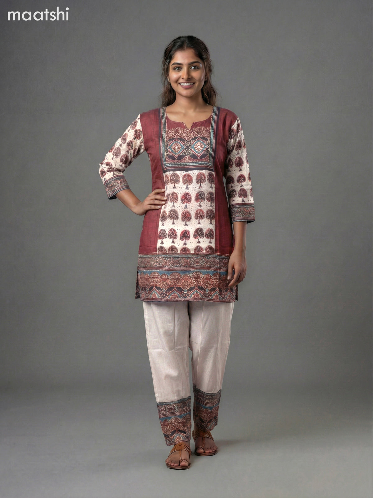 Beige and Maroon Modal Ajrakh Printed Kurti Set