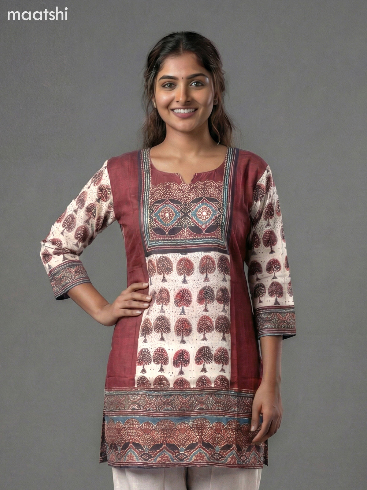 Beige and Maroon Modal Ajrakh Printed Kurti Set