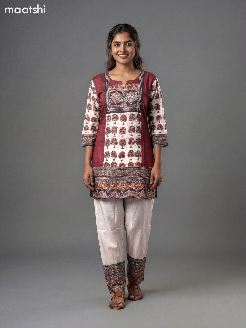 Beige and Maroon Modal Ajrakh Printed Kurti Set