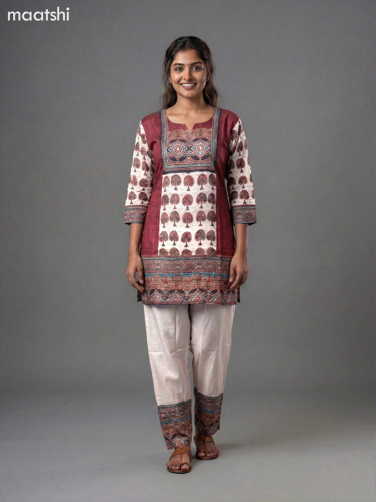 Beige and Maroon Modal Ajrakh Printed Kurti Set